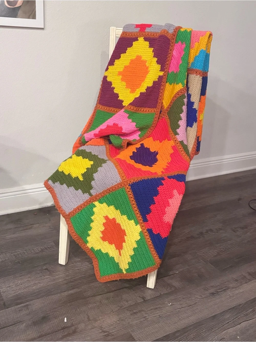 Handmade Crochet Granny Square Throw Blanket 1970s Dopamine Colorblock Afghan